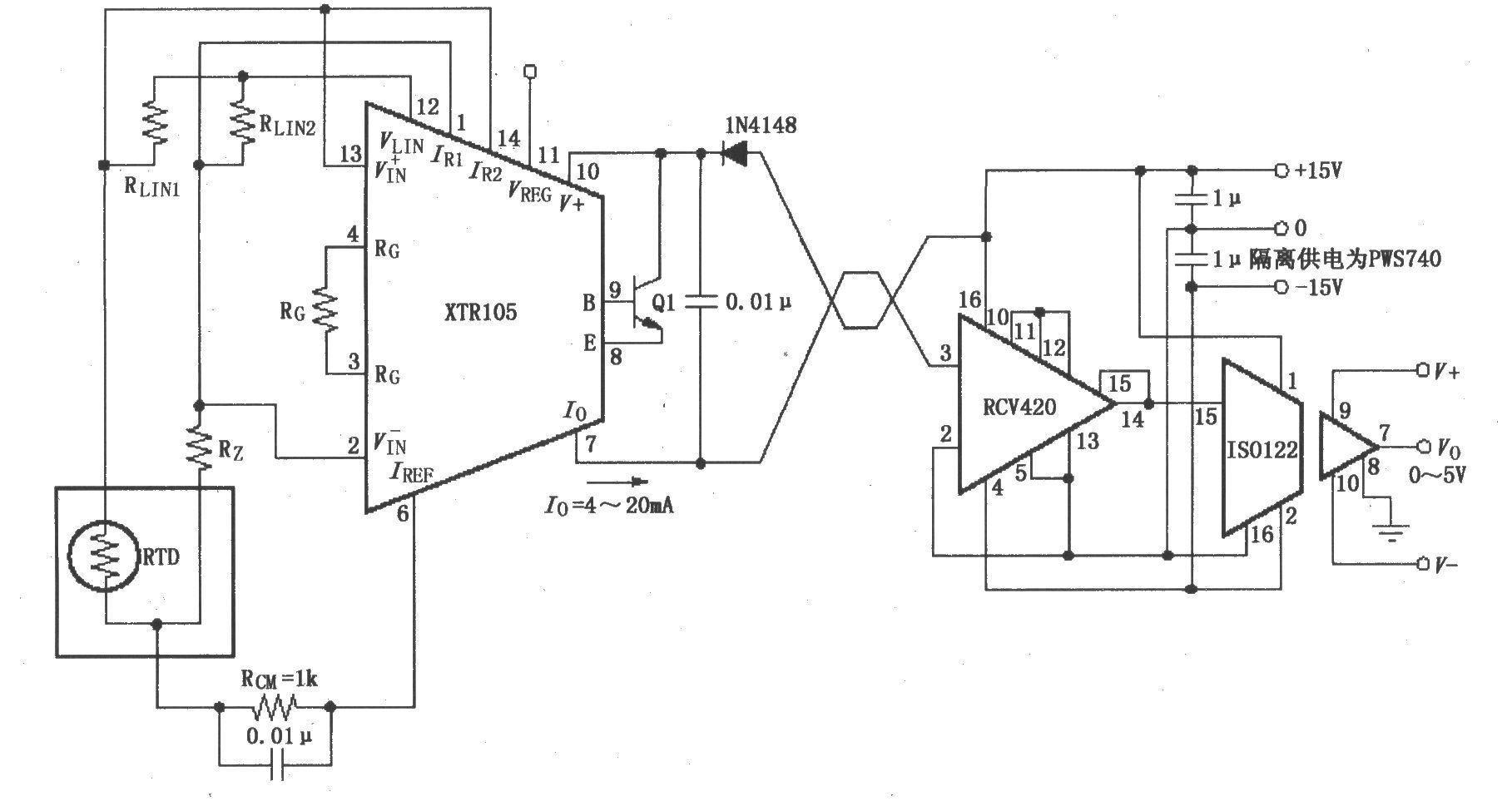 Isolated 4-20mA instrument loop (RTD) circuit composed of RCV420