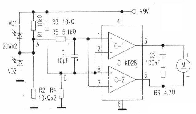 DC motor drive circuit composed of dual power amplifier KD28