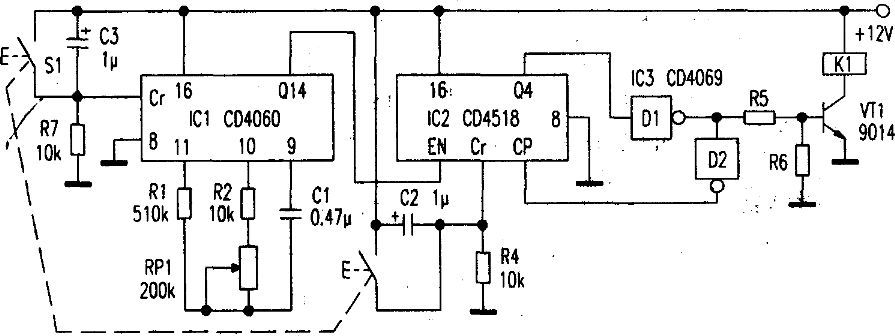 Using CD4060 to form a long delay timer circuit