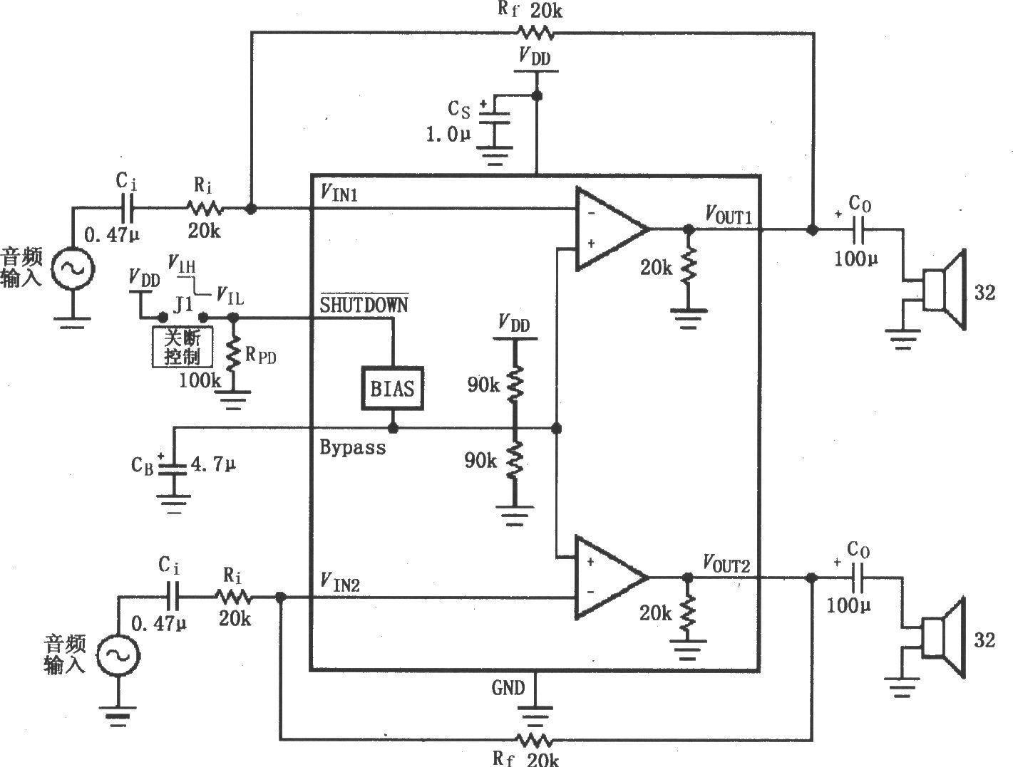 Typical circuit of LM4809/LM4810 for dual-channel headphone amplifier