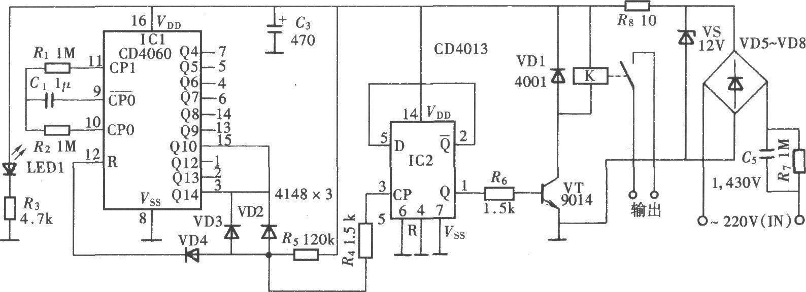 Automatic cycle timer circuit composed of CD406 and CD4013