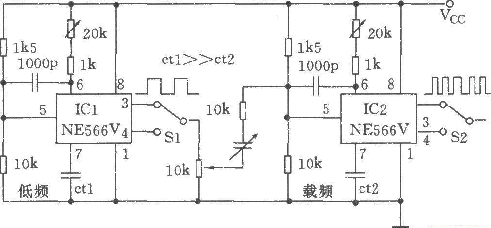 Two NE566Vs form a low frequency FM generator