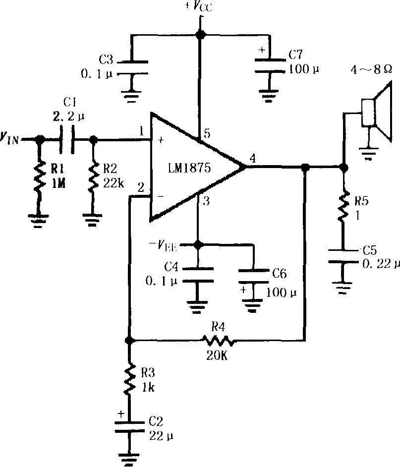 用LM1875的双电源供电音频功率放大电路