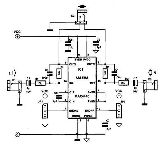 Small headphone amplifier circuit composed of MAX4110