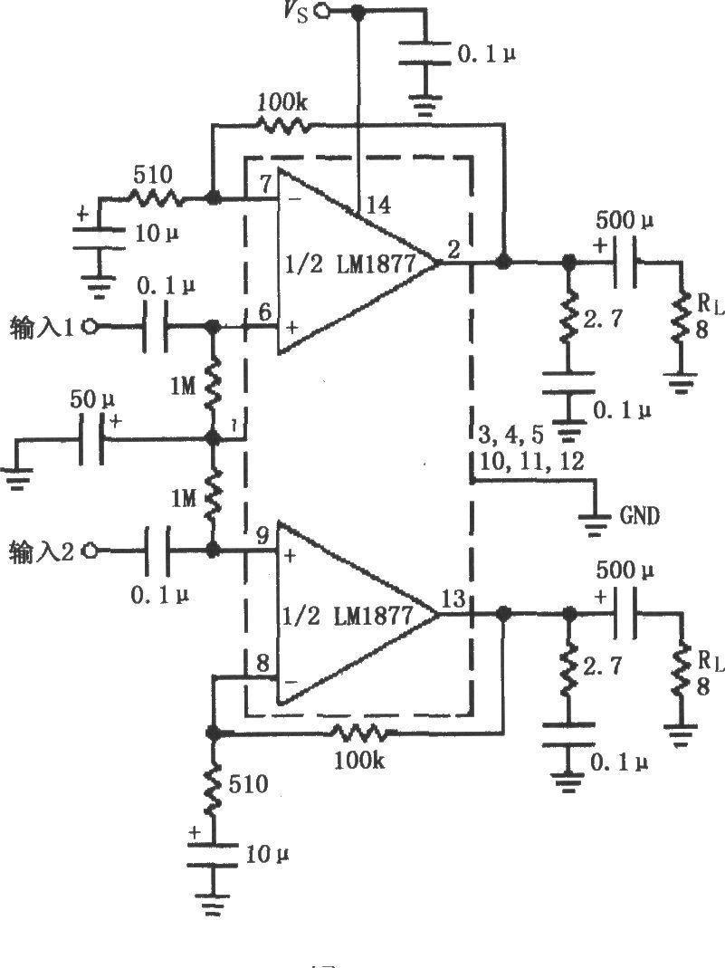 Stereo amplifier circuit with Av=200 (gain) composed of LM1877