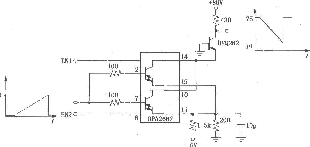 Common emitter amplifier circuit composed of dual broadband transconductance operational amplifier OPA2662