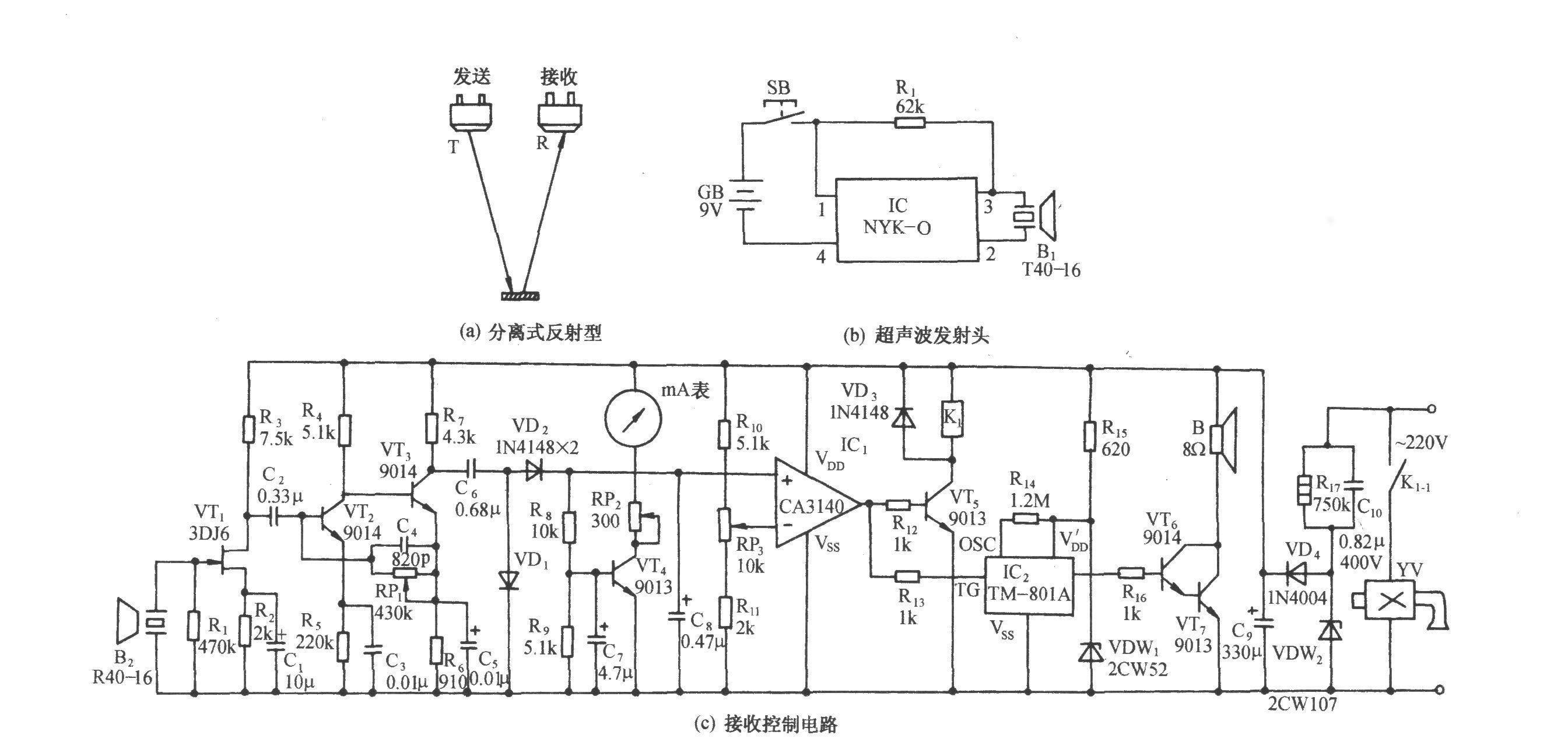 Ultrasonic remote control liquid level control and indication circuit