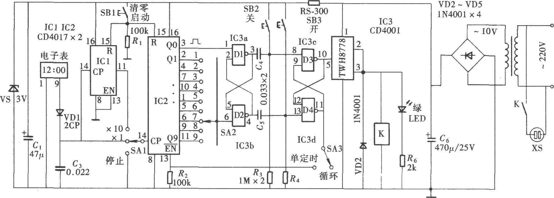 Adjustable and cyclic timing controller circuit composed of CD4001 and CD4017