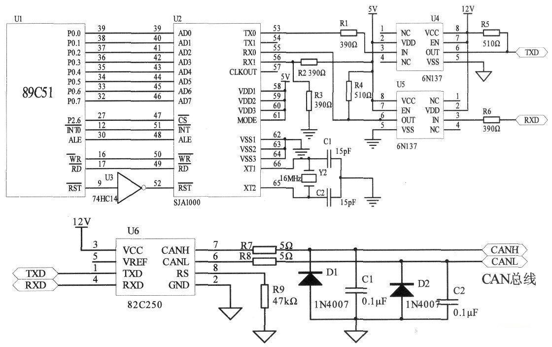 Interface circuit between CAN bus controller and single chip microcomputer