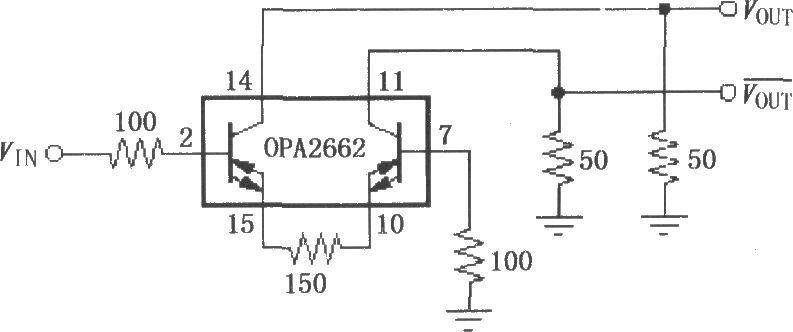 Single-ended input, double-ended output differential line driver circuit composed of OPA2662