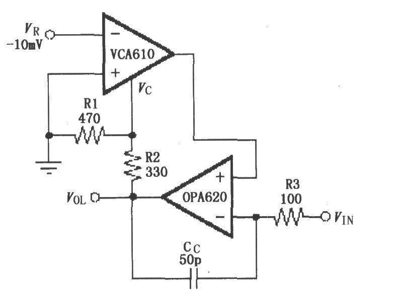 Temperature Compensated Logarithmic Response Feedback Amplifier Circuit (VCA610/OPA620)