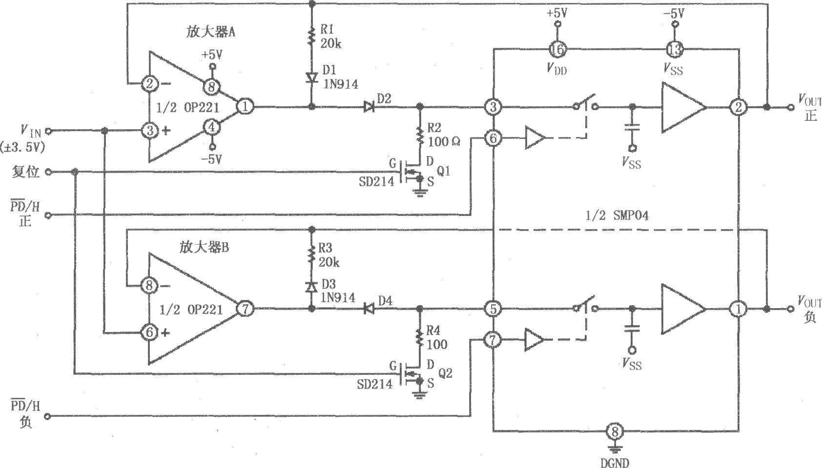 由SMP04与运放构成的具有保持控制的正、负峰值检波电路