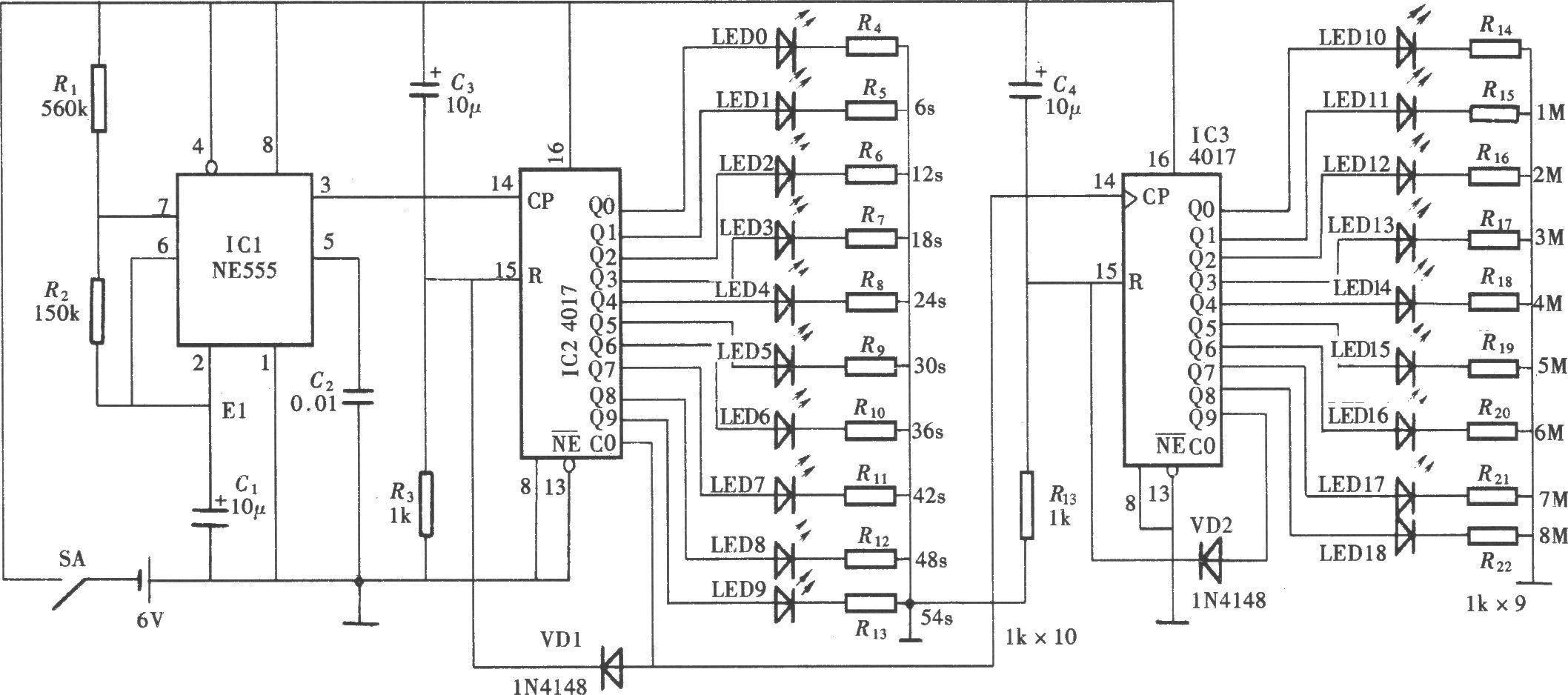 Telephone call time reminder composed of NE555 and CD4017