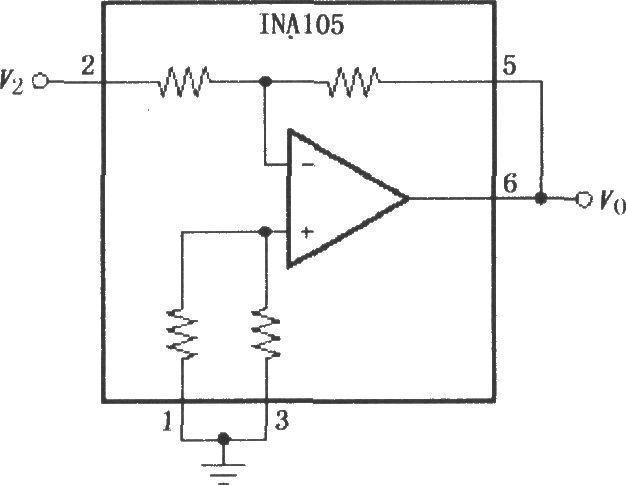 用INA105组成的精密单位增益反相放大电路