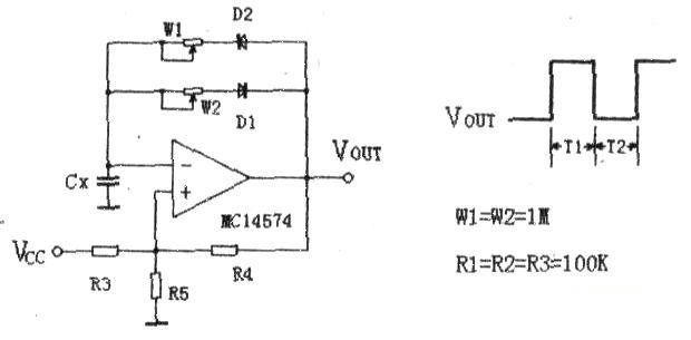 Duty cycle adjustable multivibrator circuit composed of MC14574