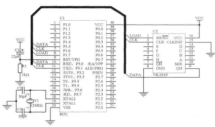 Interface circuit composed of 8051 single chip microcomputer and 74LS165