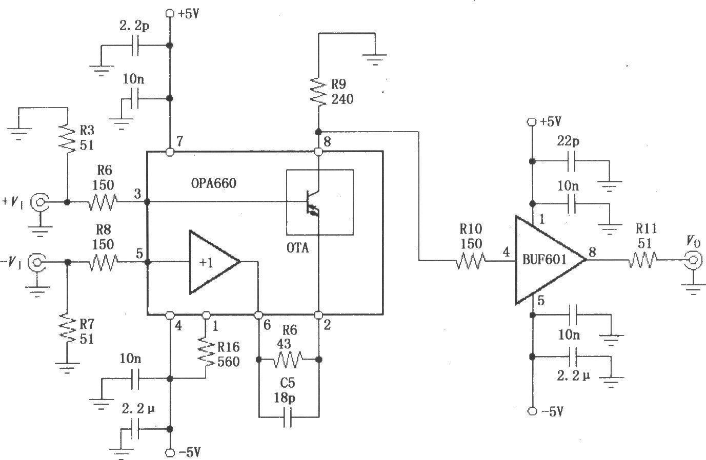 400MHz differential amplifier circuit composed of OPA660 and buffer amplifier BUF601