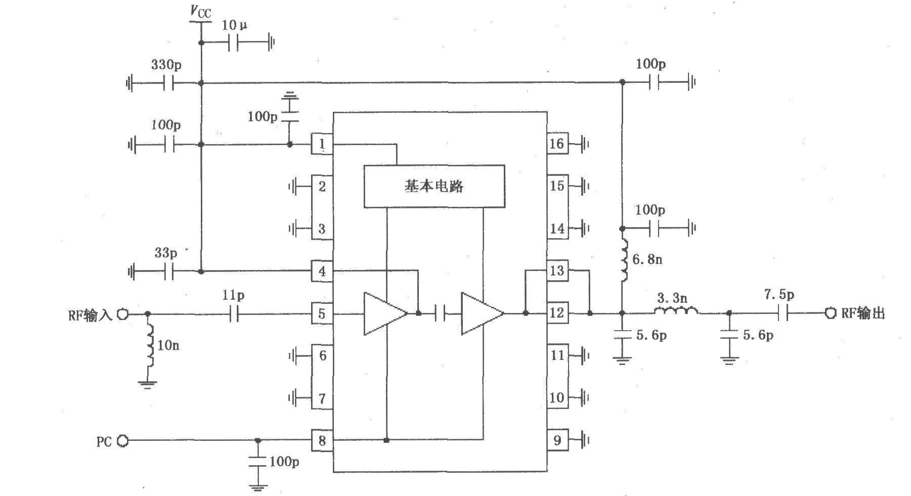 830MHz medium power amplifier principle circuit composed of RF2104