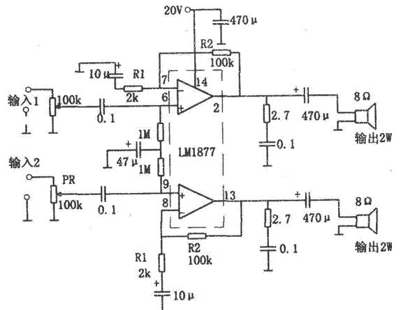 2W×2 power amplifier circuit using LM1877