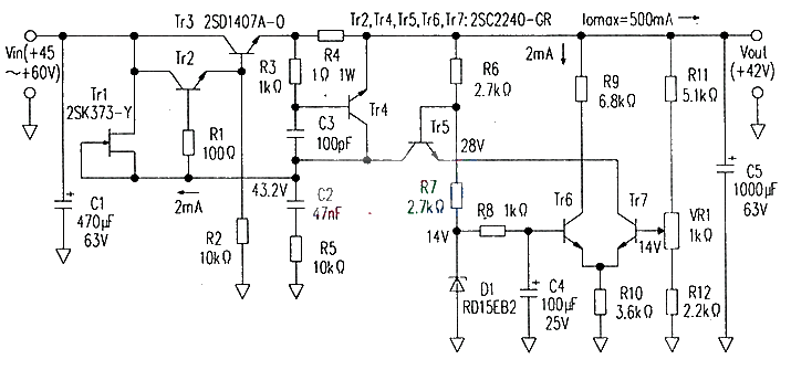 Series voltage stabilizing circuit outputting 40V to 80V