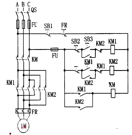 Synthesize the forward and reverse control circuit of the motor using three AC contactors