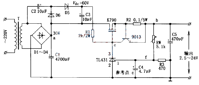 2.5 to 24V continuously adjustable regulated power supply