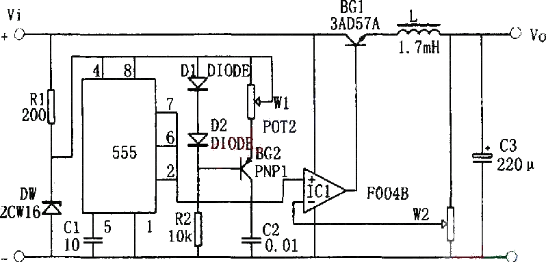 Boost switching power supply composed of NE555