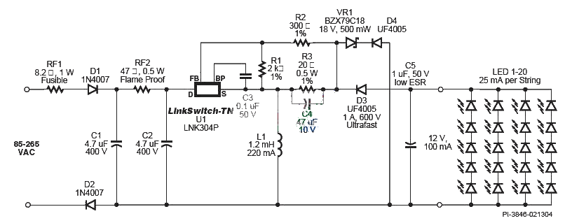 LNK304 non-isolated LED light string driver circuit