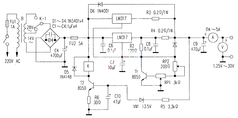 The production of adjustable voltage-stabilized power supply composed of LM317