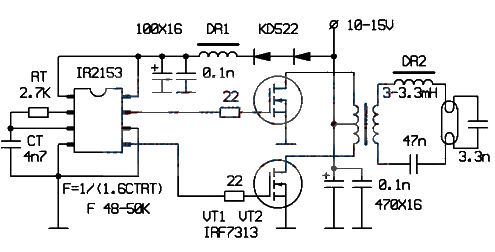 IR2153 emergency fluorescent lamp circuit diagram