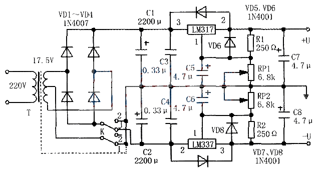 LM317 adjustable DC stabilized dual power supply circuit