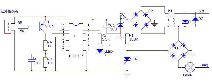 Single-wire infrared remote control switch using CD4017