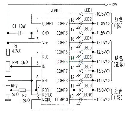 LM3914 makes automobile battery detector circuit diagram