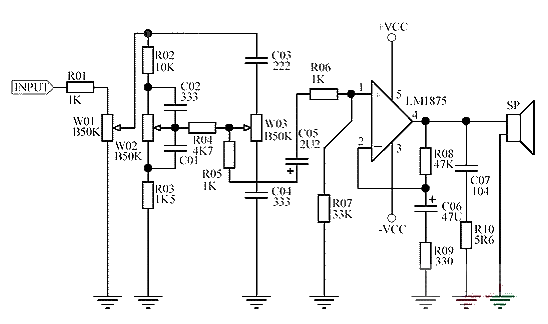 LM1875 power amplifier circuit with treble and bass adjustment