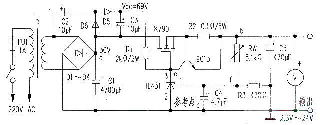 Production of adjustable regulated power supply composed of TL431