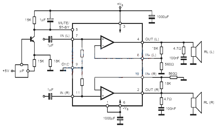 TDA7265 dual-channel audio power amplifier integrated circuit