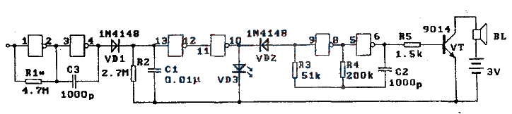 CD4069 Induction Electroscope Circuit DiagramCD4069 Electroscope