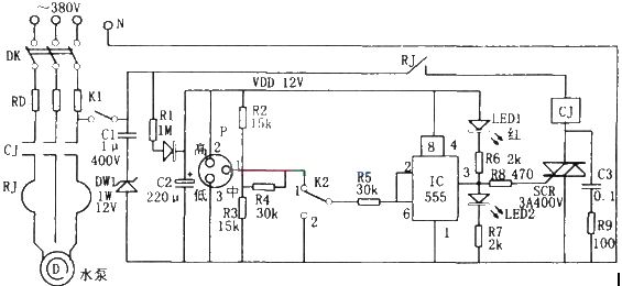 Liquid level control circuit diagram of towerless booster water supply device composed of NE555