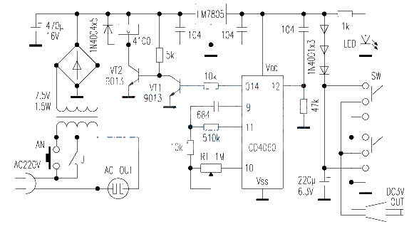 CD4060 AC power adapter with timed shutdown