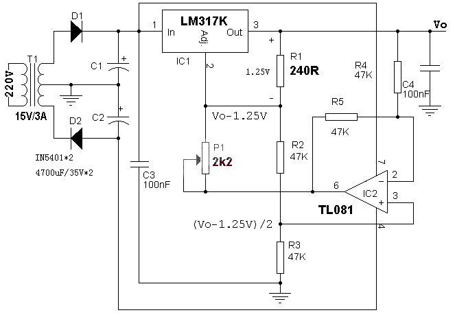 Use LM317+TL081 to make a 0-12V/3A adjustable regulated power supply