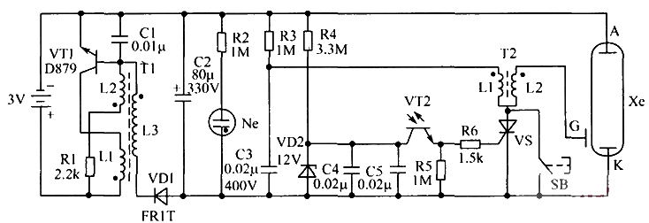 Schematic diagram of battery-powered synchronous flash light circuit