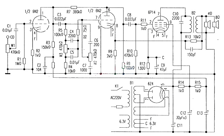 Using an old tube radio to make a 6N1+6P14 tube amplifier