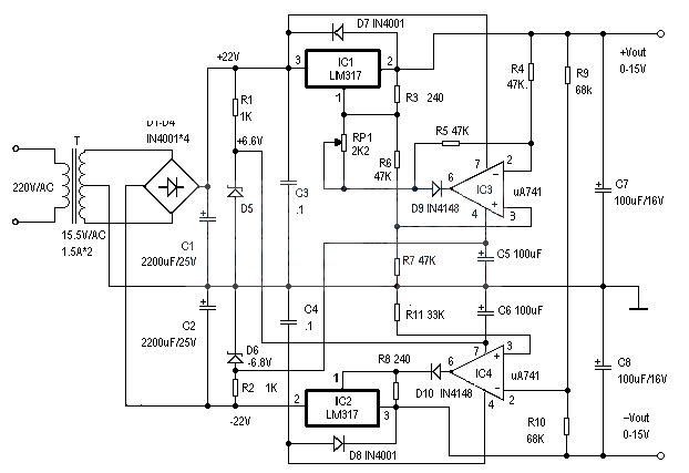 0-±15V regulated power supply made with LM317 and UA741