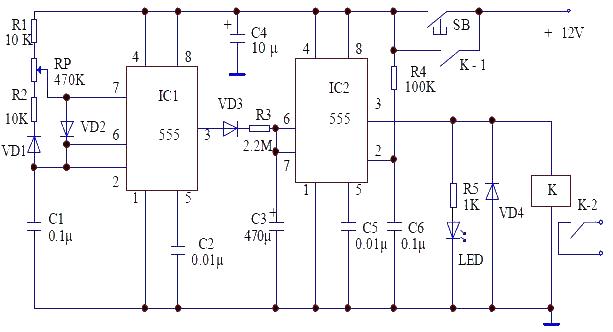 NE555 long time delay timing circuit