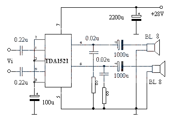 TDA1521 two-channel power amplifier OTL connection and OCL connection