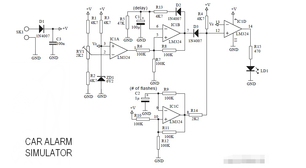 Car alarm simulator circuit using LED as analog output