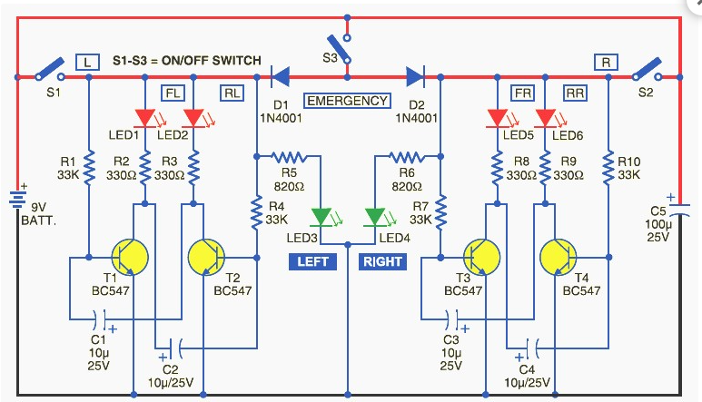 Electronic bicycle directional light circuit using cheap components