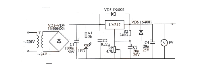 Design of adjustable voltage-stabilized power supply circuit diagram