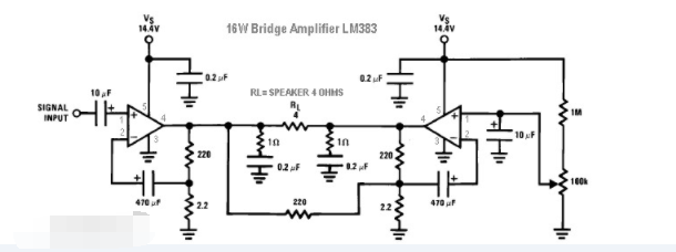 16W audio amplifier circuit based on 2 power supply ICs