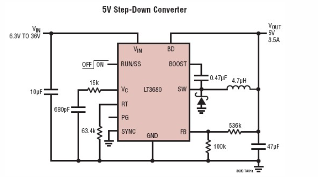 基于LT3680设计的5V直流电源开关转换器电路
